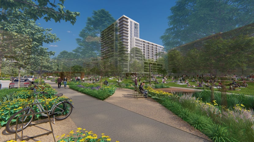 New buildings at Frisco's Hall Park will surround an almost six-acre park.