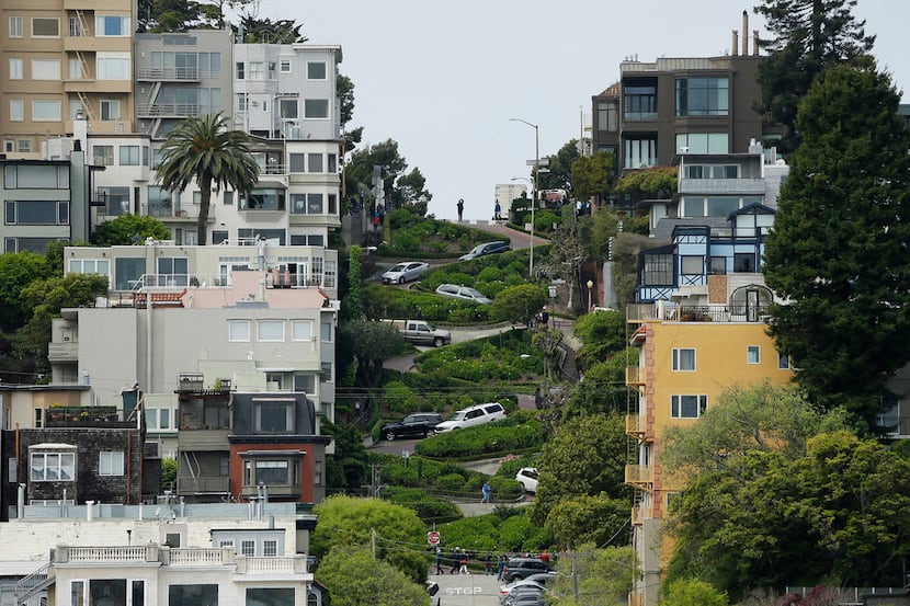 Cars wind their way down Lombard Street in San Francisco.