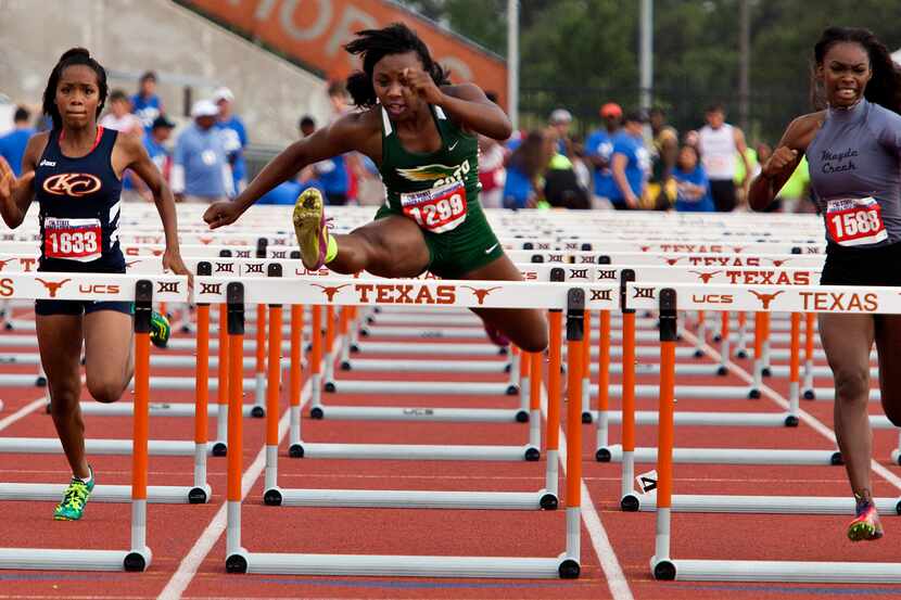 Desoto's Alexis Duncan competes against Klein Collins' Ariana Pulido and Katy Mayde Creek's...