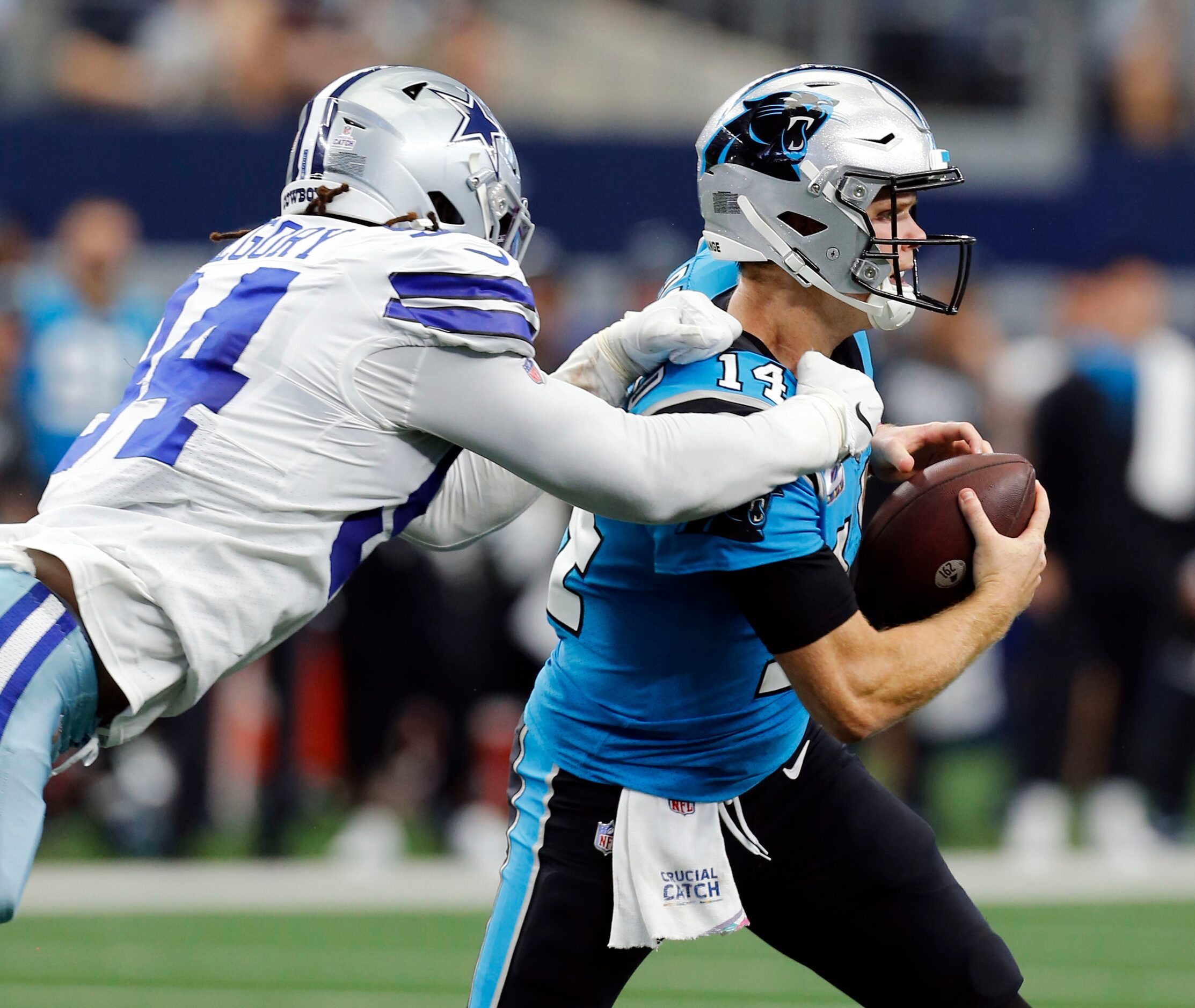 Dallas Cowboys defensive end Randy Gregory (94) sacks Carolina Panthers quarterback Sam...