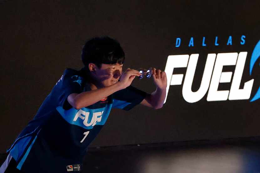 Dallas Fuel player Kim 'Sp9rk1e' Yeonghan acknowledges his fans as he's introduced before...