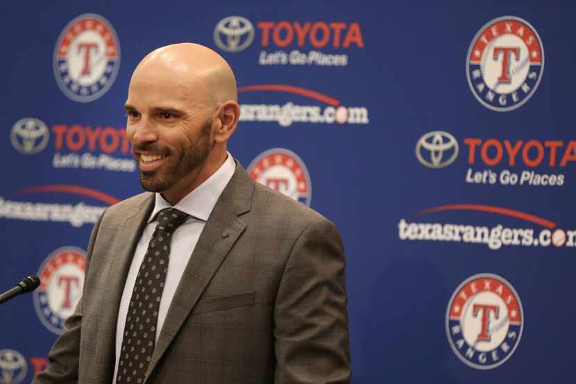 Texas Rangers' new manager Chris Woodward speaks during a press conference announcing his...