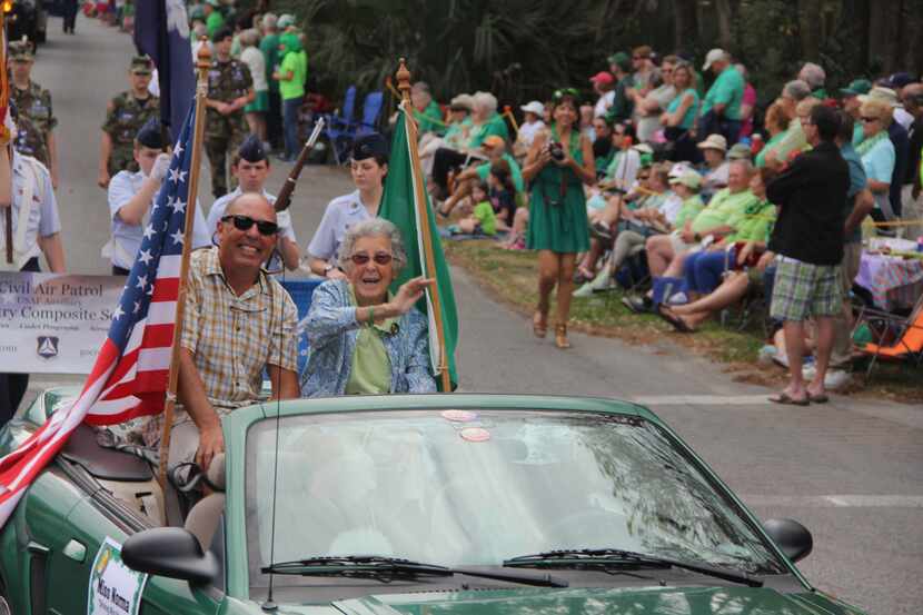 Miss Norma rode with her son, Tim Bauerschmidt, in the St. Patrick's Day parade in Hilton...