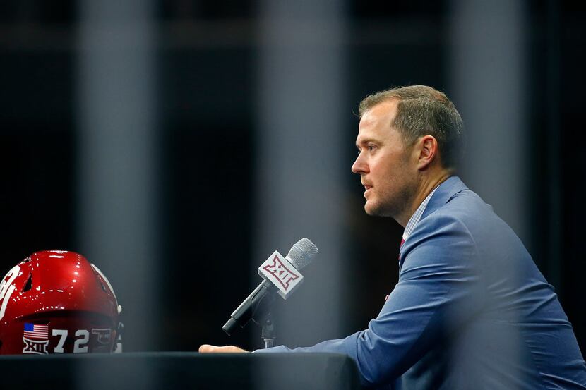 Oklahoma head football coach Lincoln Riley speaks during a press conference in Big 12 Media...