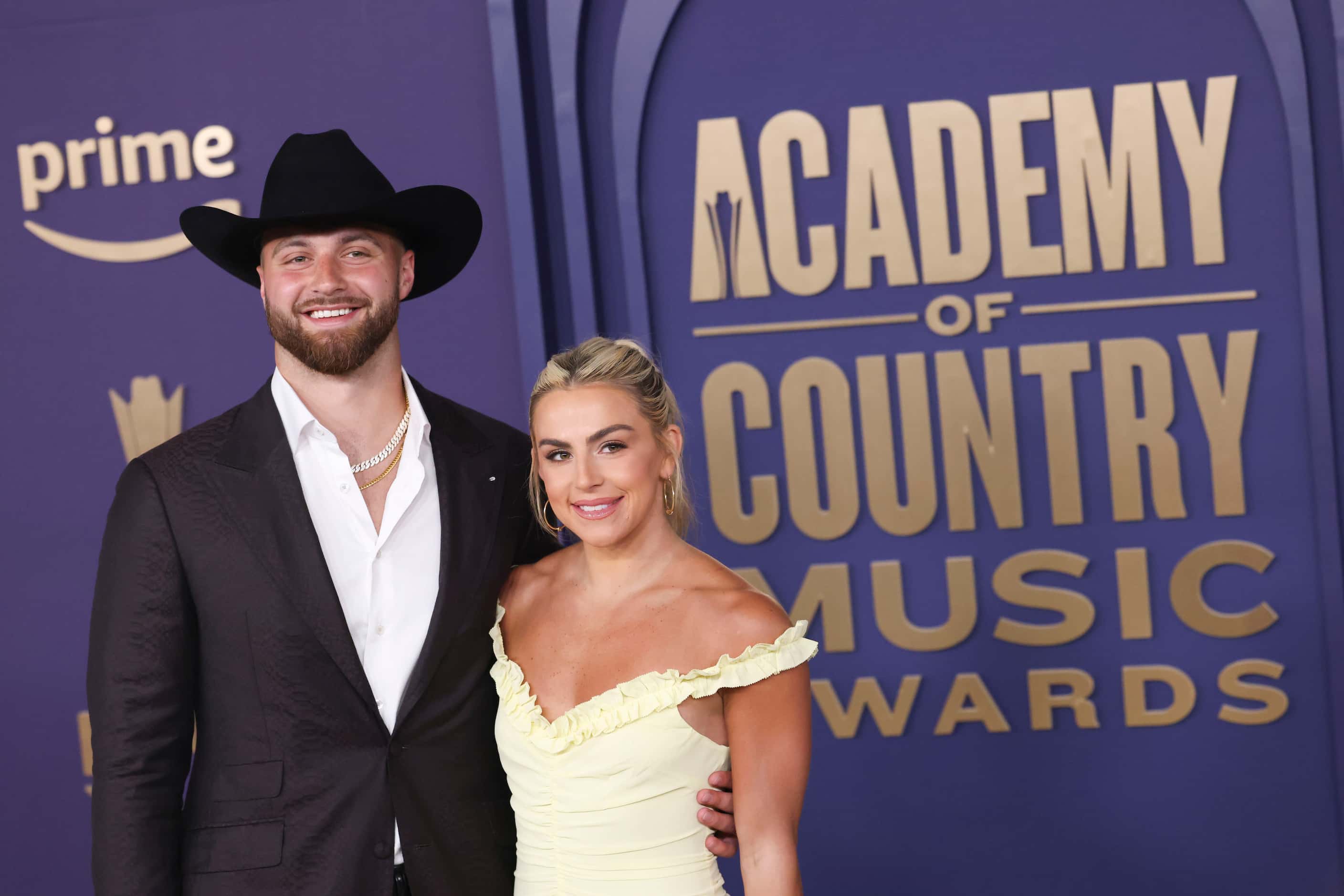 Jake Ferguson and Haley Cavinder arrive at the 59th Academy of Country Music Awards red...