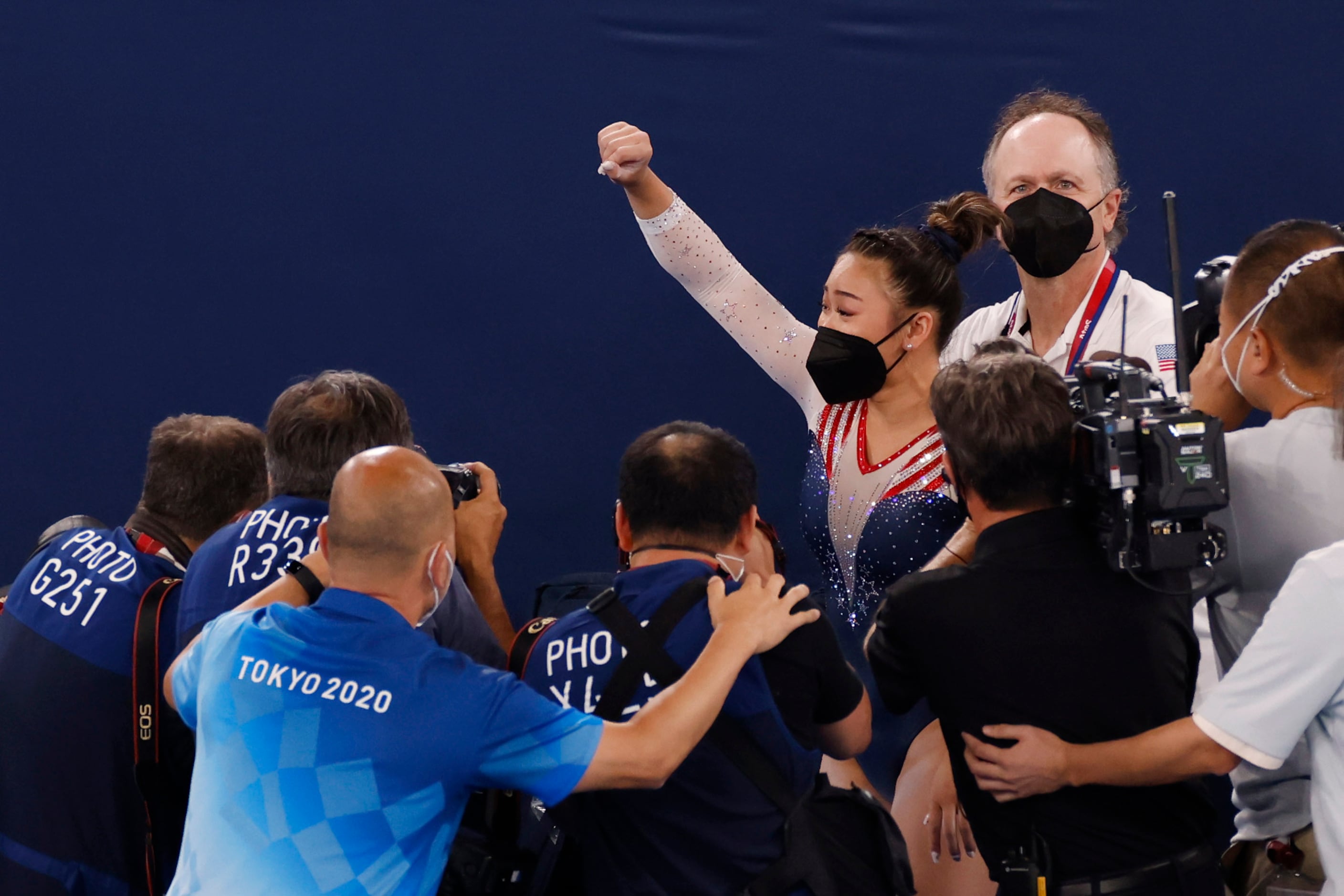 USA’s Sunisa Lee celebrates after winning gold in the women’s all-around final at the...
