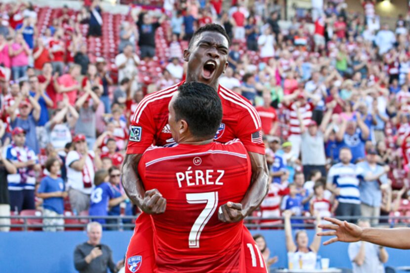 Blas Perez #7 of FC Dallas celebrates with Fabian Castillo against San Jose EarthQuakes...