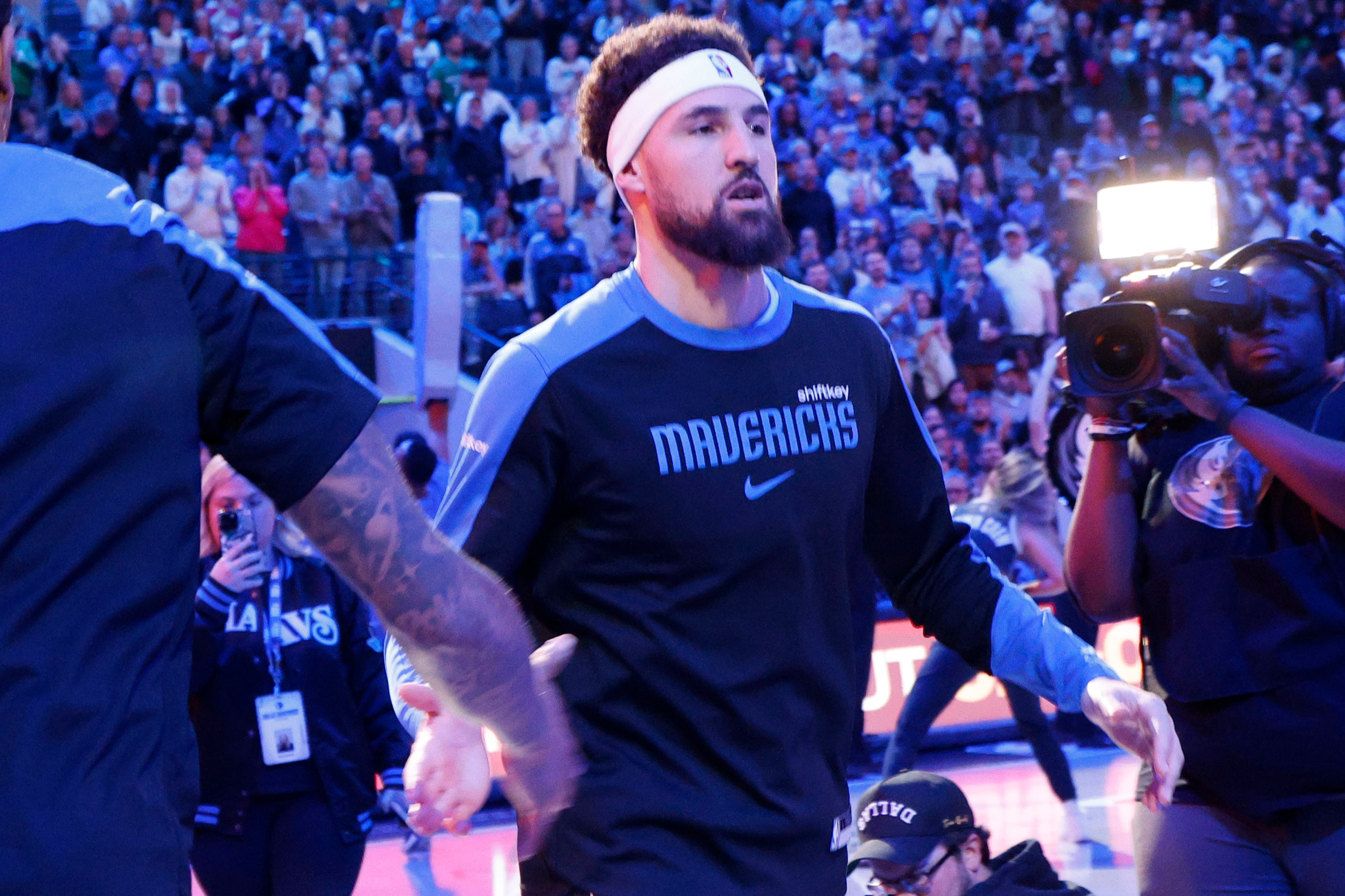 Dallas Mavericks guard Klay Thompson (31) is seen during the introduction before an NBA...