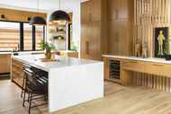 Interior bright and airy kitchen with midcentury modern design touches and Asian inspiration.