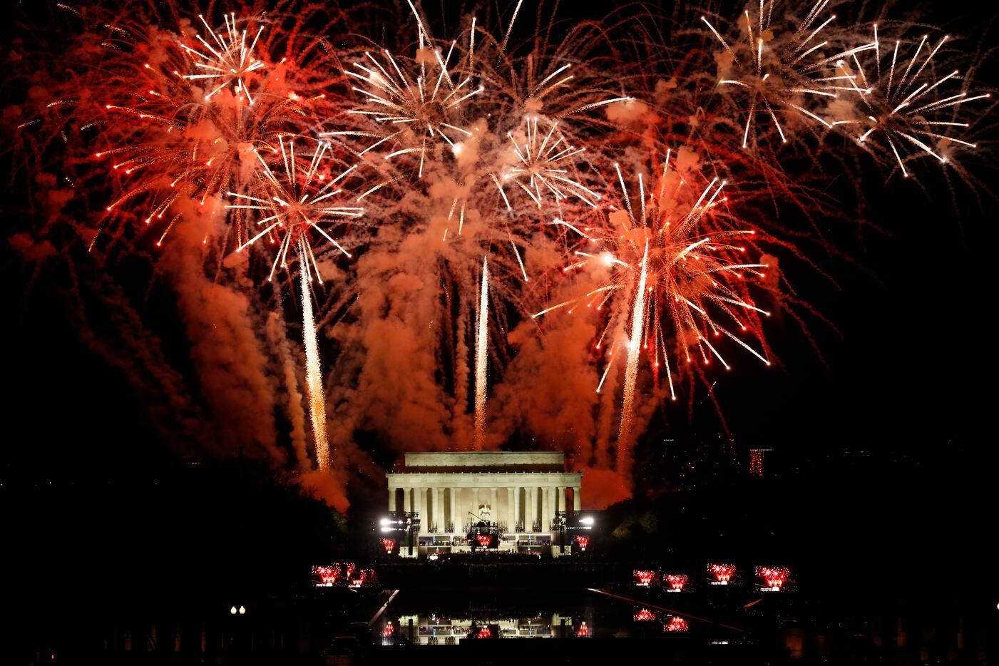 Fireworks explode over the Lincoln Monument in Washington, D.C., after a public concert and...