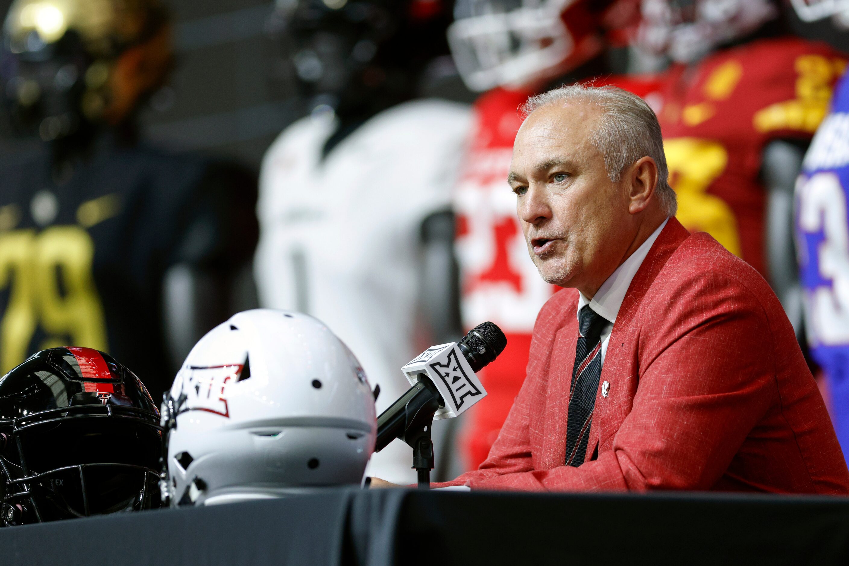 Texas Tech head coach Joey McGuire speaks during the Big 12 Media Days at AT&T Stadium,...