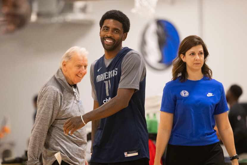 Dallas Mavericks guard Kyrie Irving (11) heads off the court during practice at the...