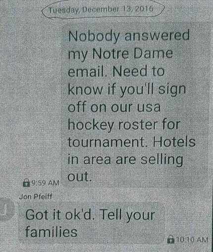 A parent says this text between coach John McDonald and a Dallas Stars employee shows the...