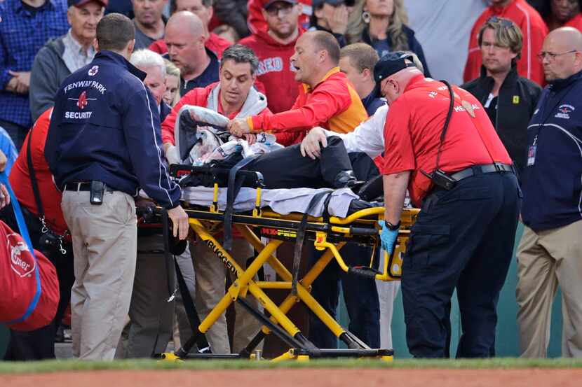 A fan, who was accidentally hit in the head with a broken bat by Oakland Athletics' Brett...