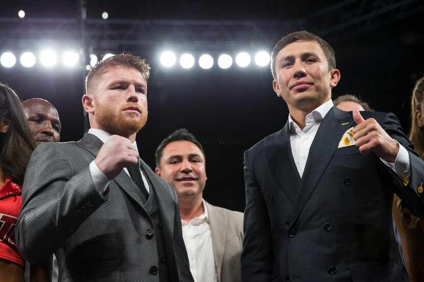 Saul "Canelo" Alvarez, left, and Gennady Golovkin pose on Saturday, May 6, 2017, in Las...