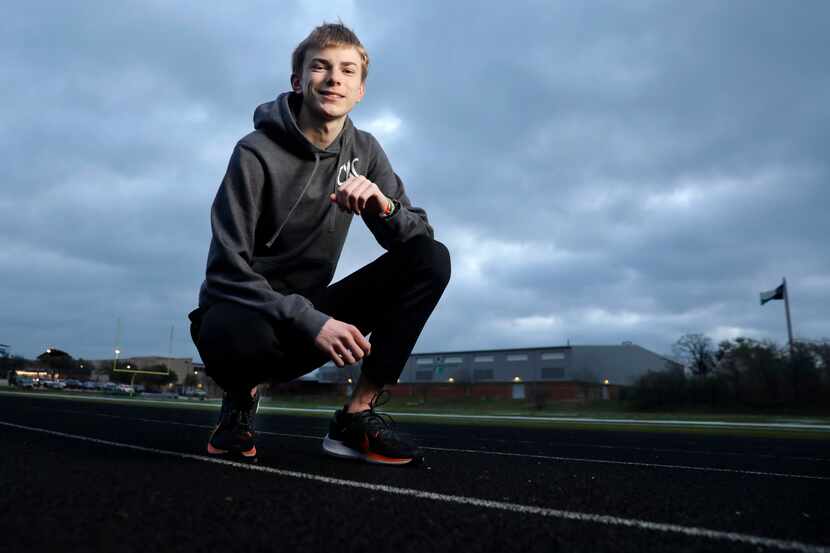 Southlake Carroll track runner Caden Leonard at the schools track in Southlake, Texas, March...