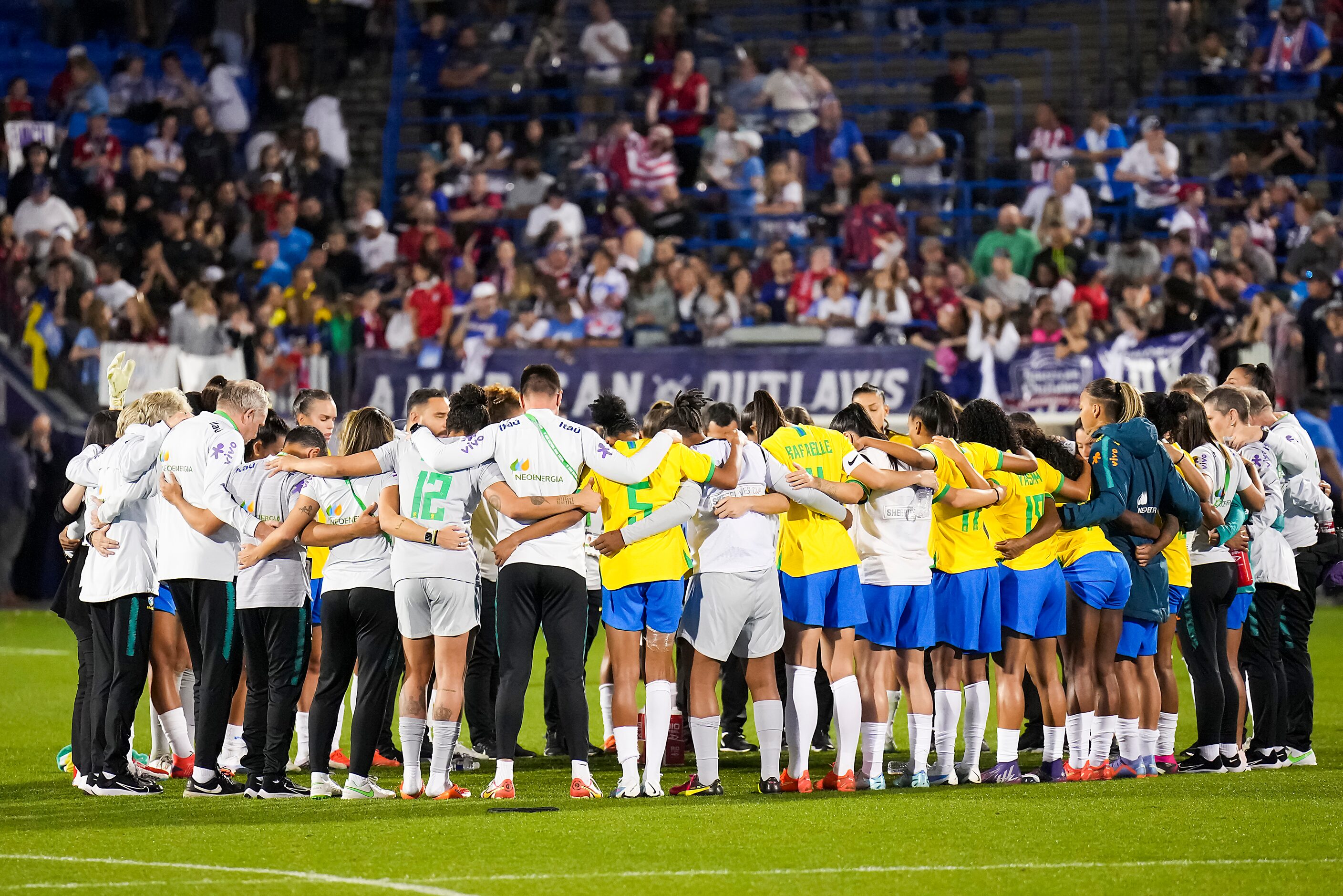 Brazil players huddle after a loss to the United States in the 2023 SheBelieves Cup final at...