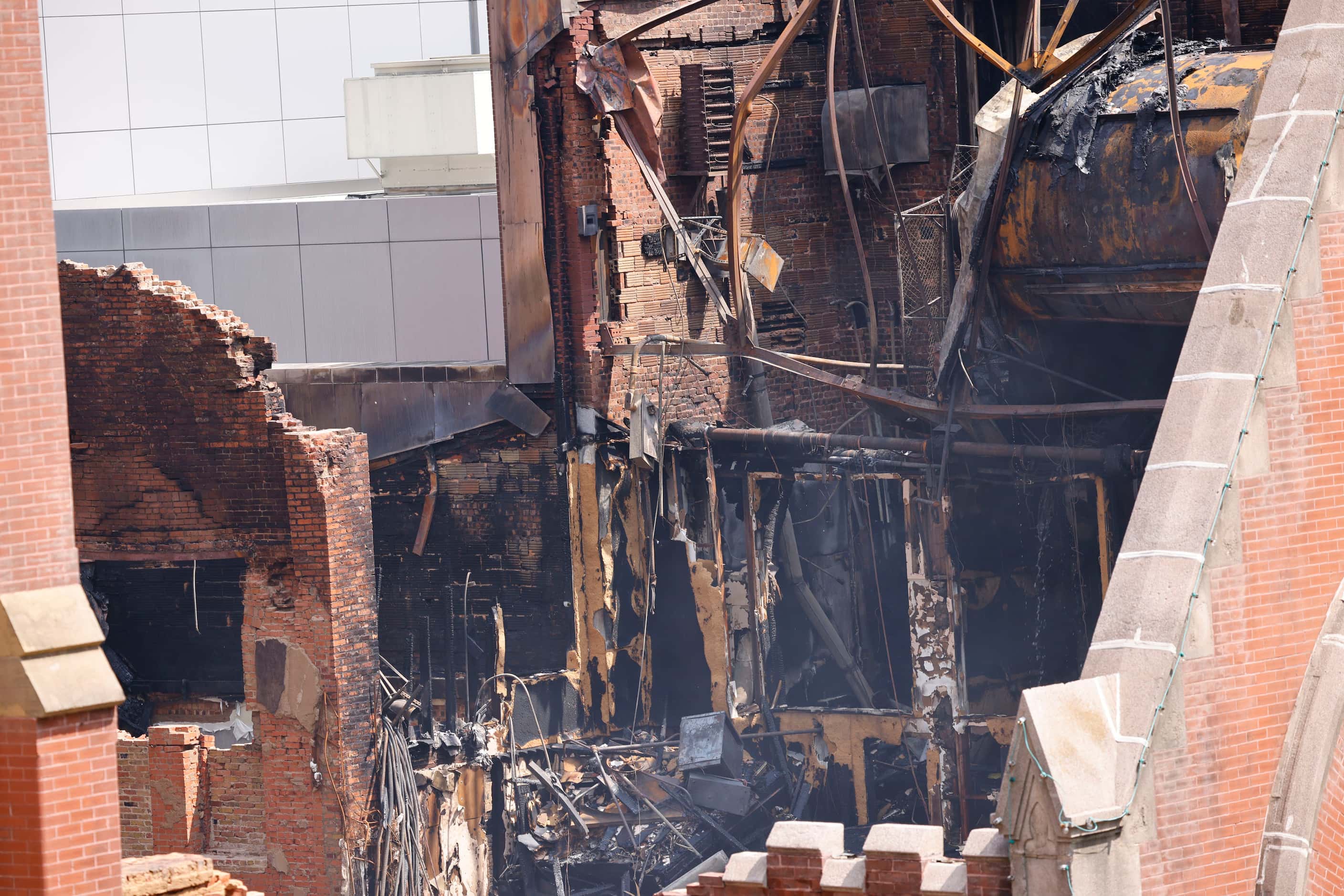 Fire damage at First Baptist Dallas church is seen, Saturday, July 20, 2024, after a fire...