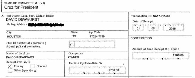  David Dewhurst's donation to Ted Cruz's presidential campaign in January 2016. (FEC records)