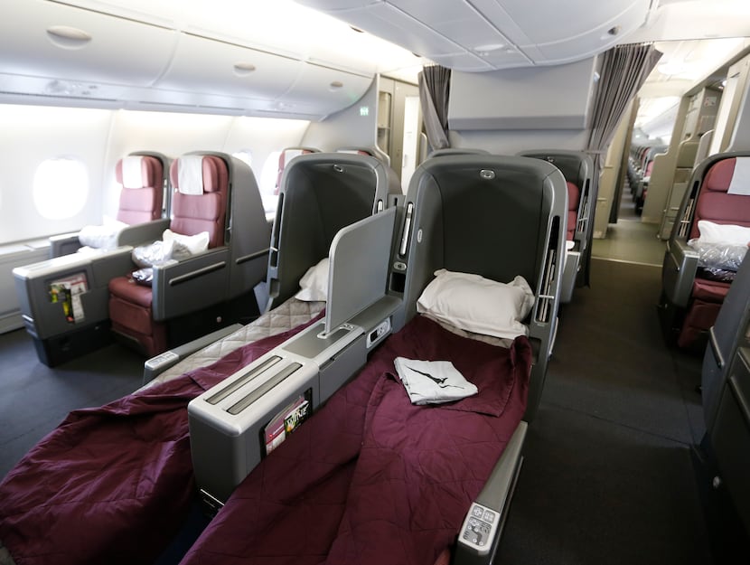 This is the business class cabin in the Qantas A380-800 airplane where passengers can lie...