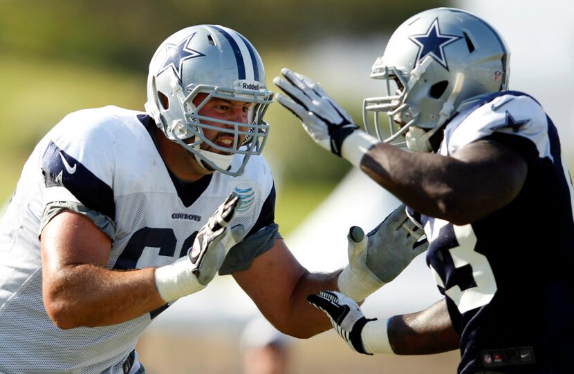 Dallas Cowboys tackle Doug Free (68) blocks Dallas Cowboys defensive end Cameron Sheffield...