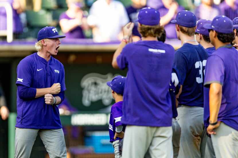 TCU starting pitcher Kole Klecker, left, celebrates the team's win over Indiana State in an...