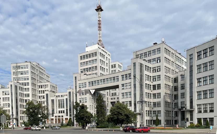 The Derzhprom administrative complex in Kharkiv, a model of Soviet planning from the 1920s....