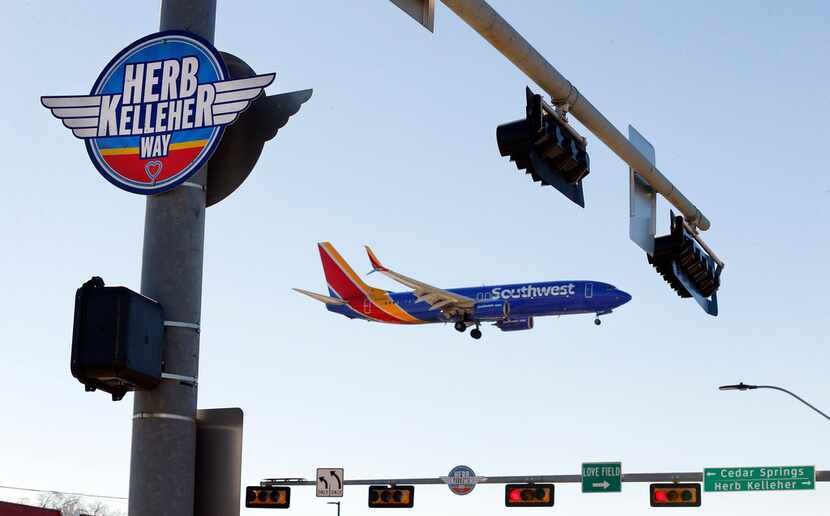 Southwest Airlines Flight 1433 from Oakland passed a Herb Kelleher Way sign as it landed at...