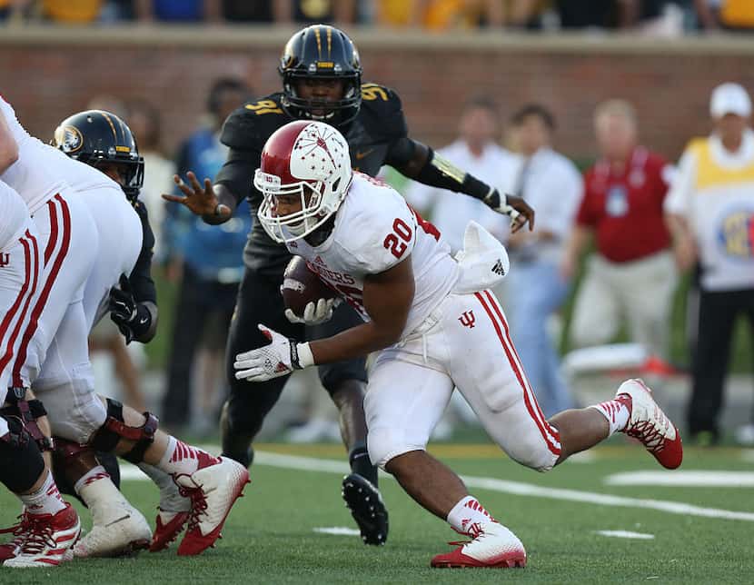 COLUMBIA , MO - SEPTEMBER 20:  Running back D'Angelo Roberts #20 of the Indiana Hoosiers...