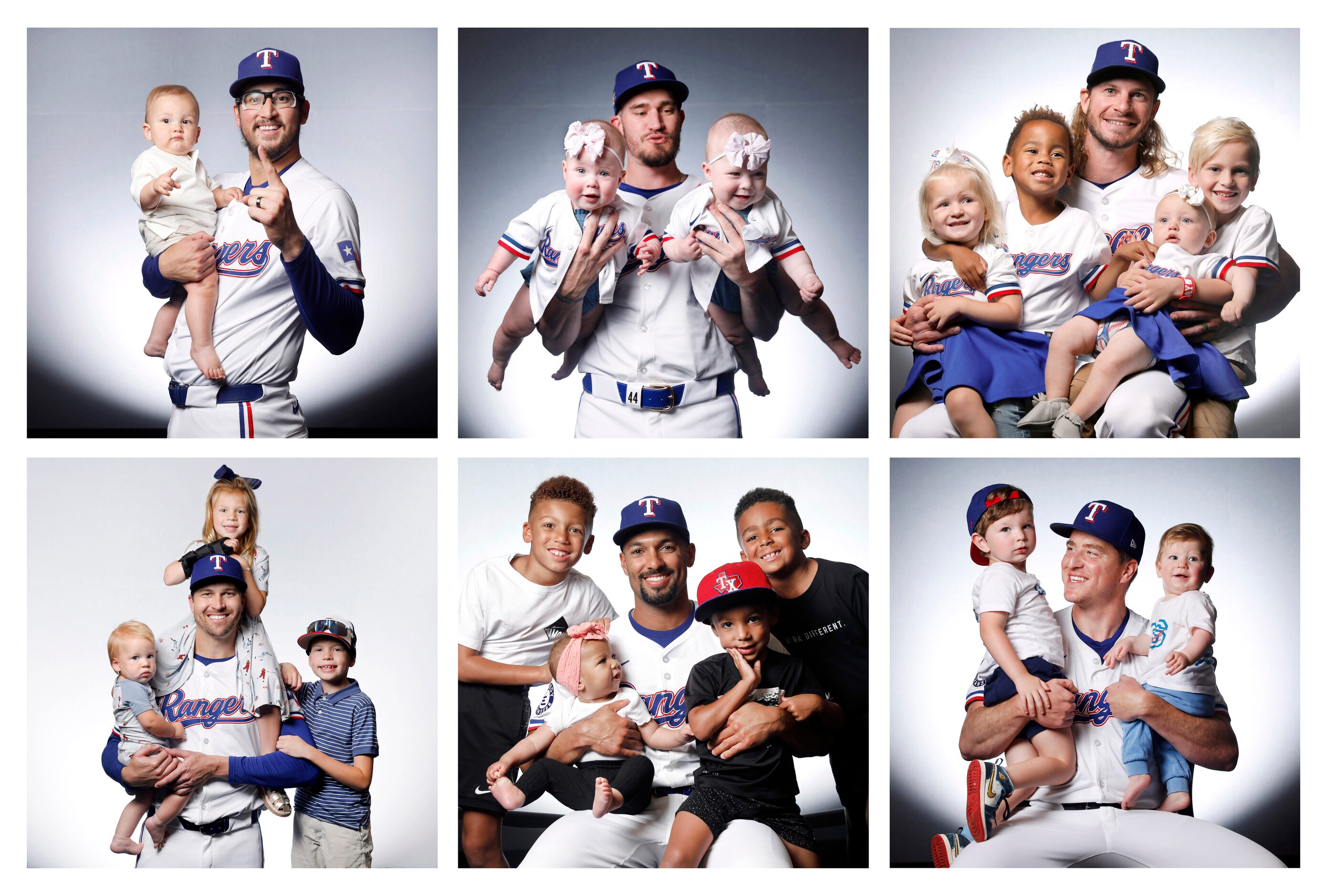 (Texas Rangers baseball players, clockwise from top left) Pitcher Dane Dunning and his son...