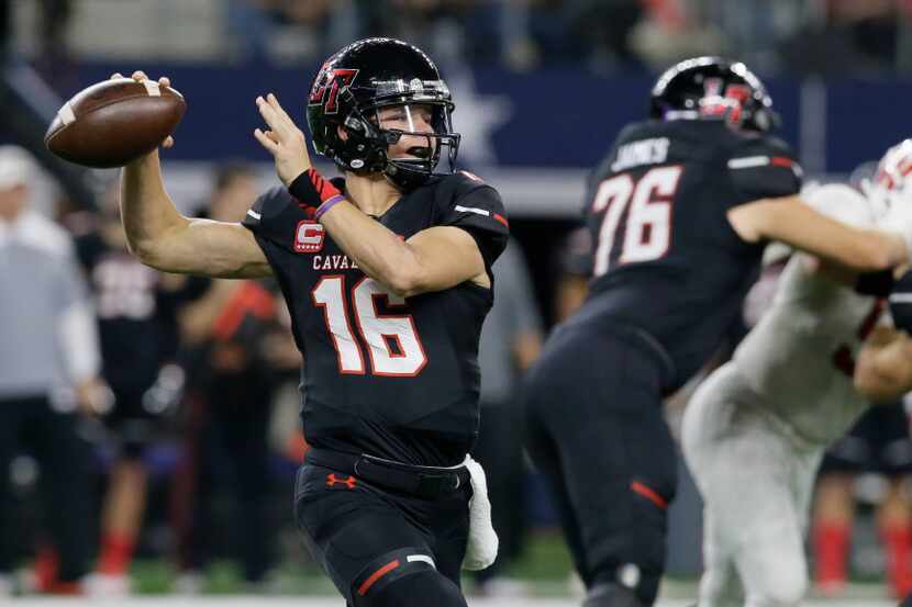 Lake Travis quarterback Charlie Brewer (16) passes during the first half of the Class 6A...