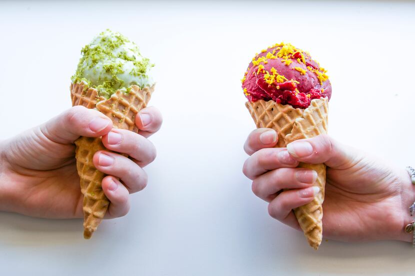 Melt Ice Creams makes a few vegan products, like the avocado coconut milk lime (on left) and...
