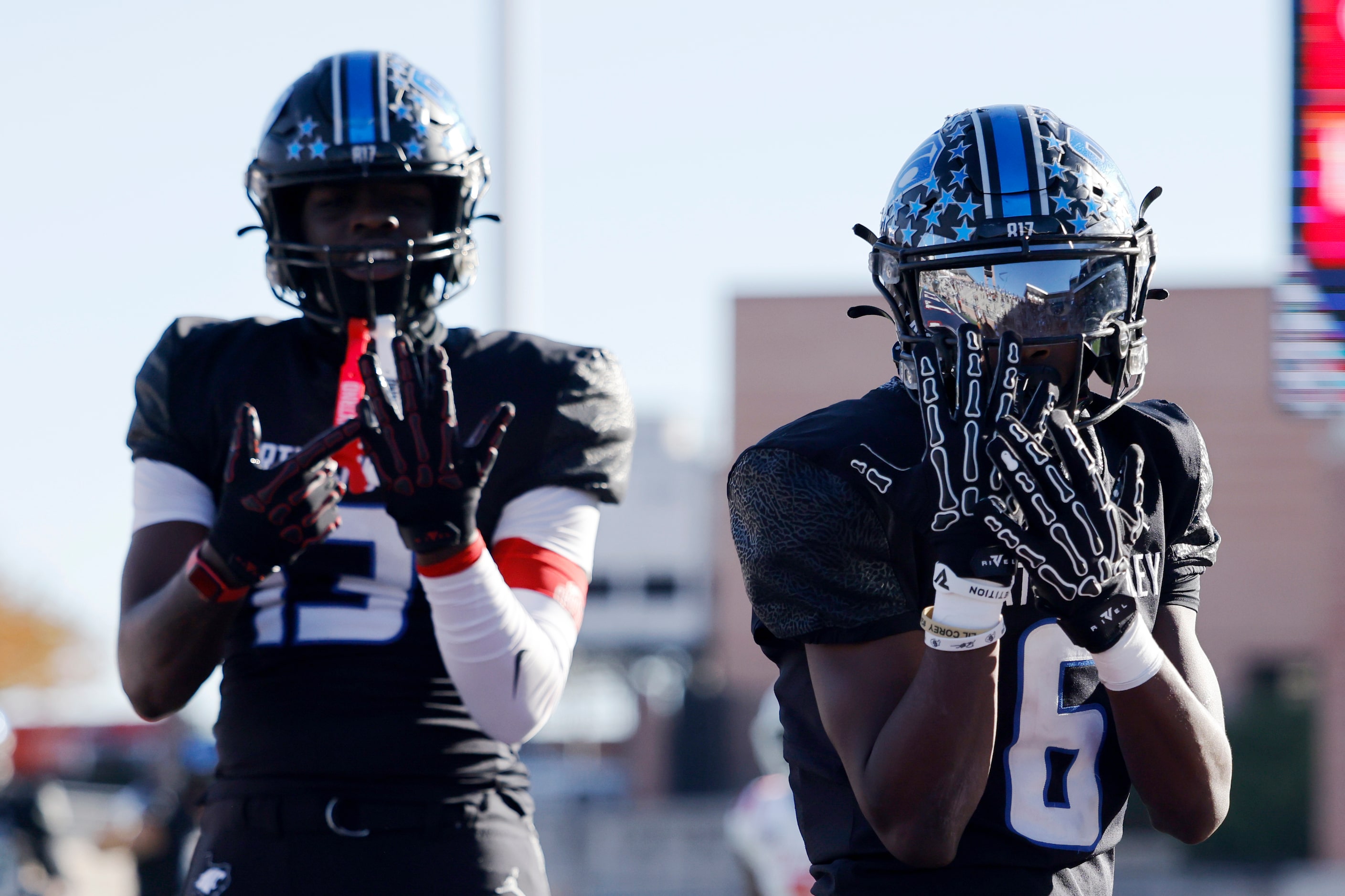 North Crowley wide receiver Quentin Gibson (6) celebrates his touchdown with tight end...