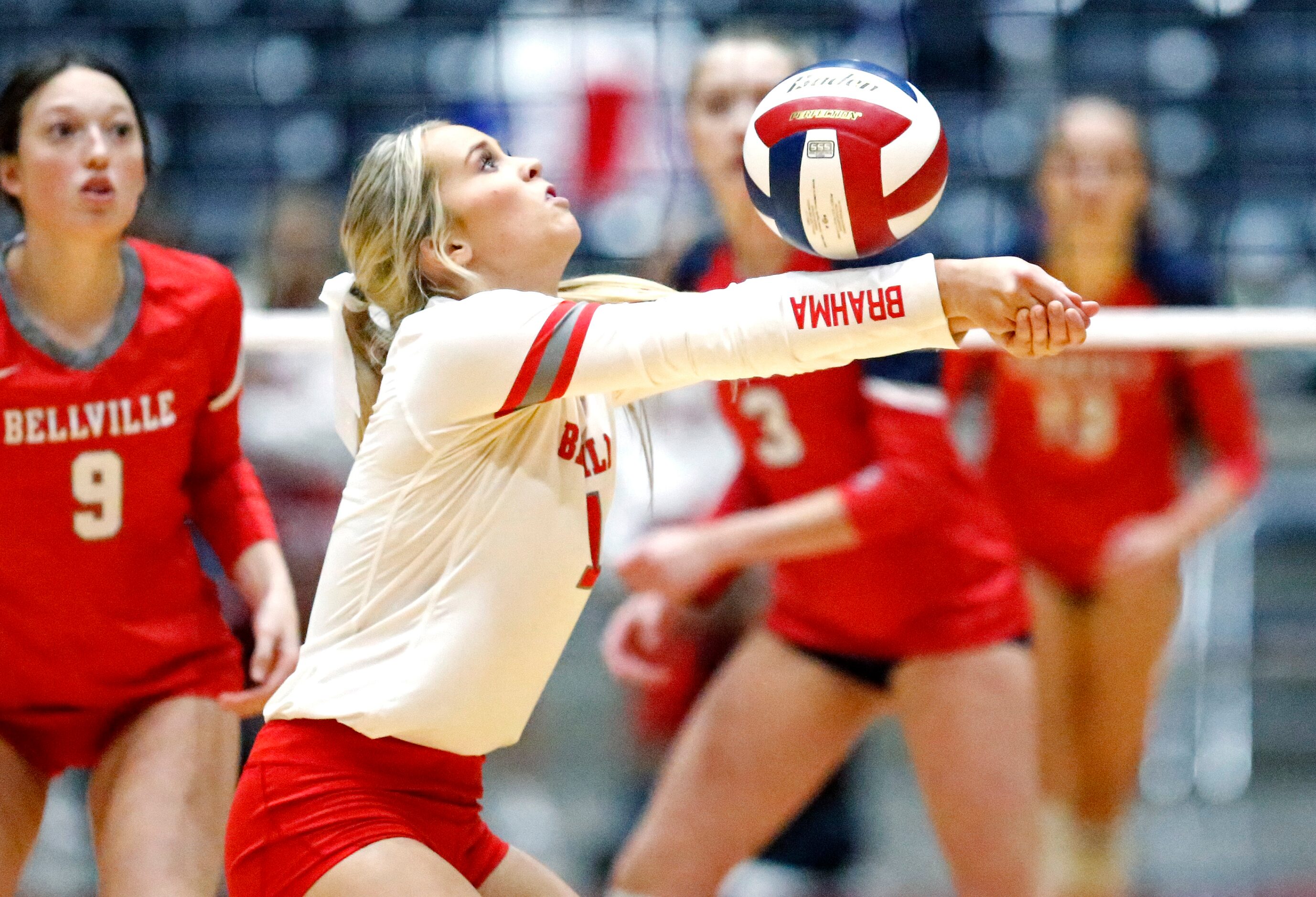 Bellville High School libero Abby Aschenbeck (1) makes a pass during game one as Aubrey High...