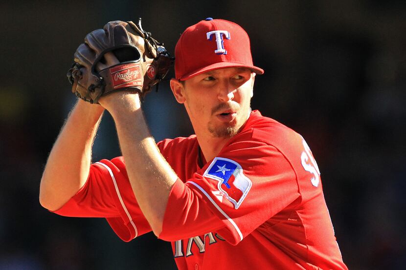 Texas relief pitcher Tanner Scheppers is pictured during the Los Angeles Angels vs. the...