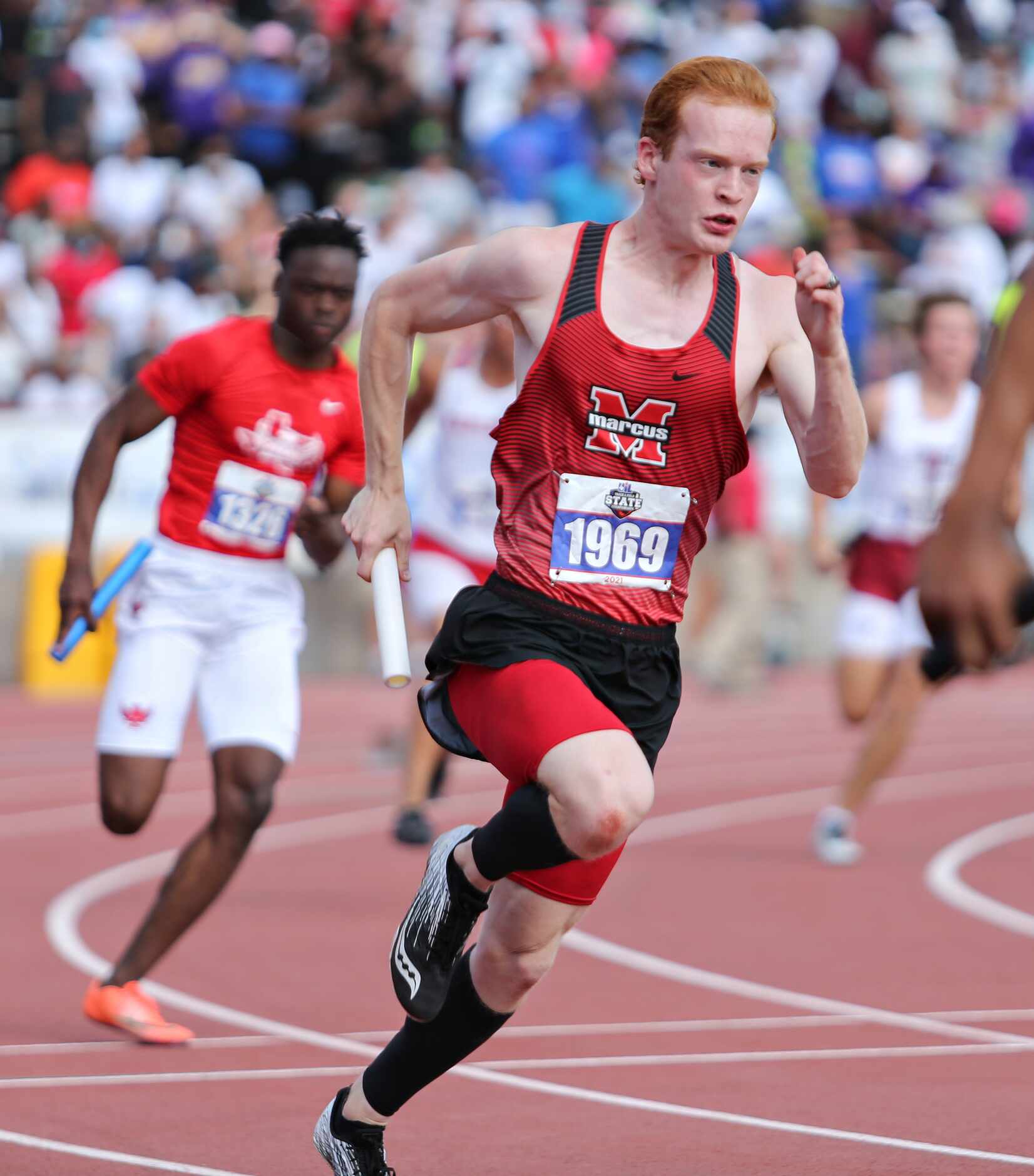 Ryan Dyess Coyle of Flower Mound Marcus competes in the 6A Boys 4x100 meter relay during the...