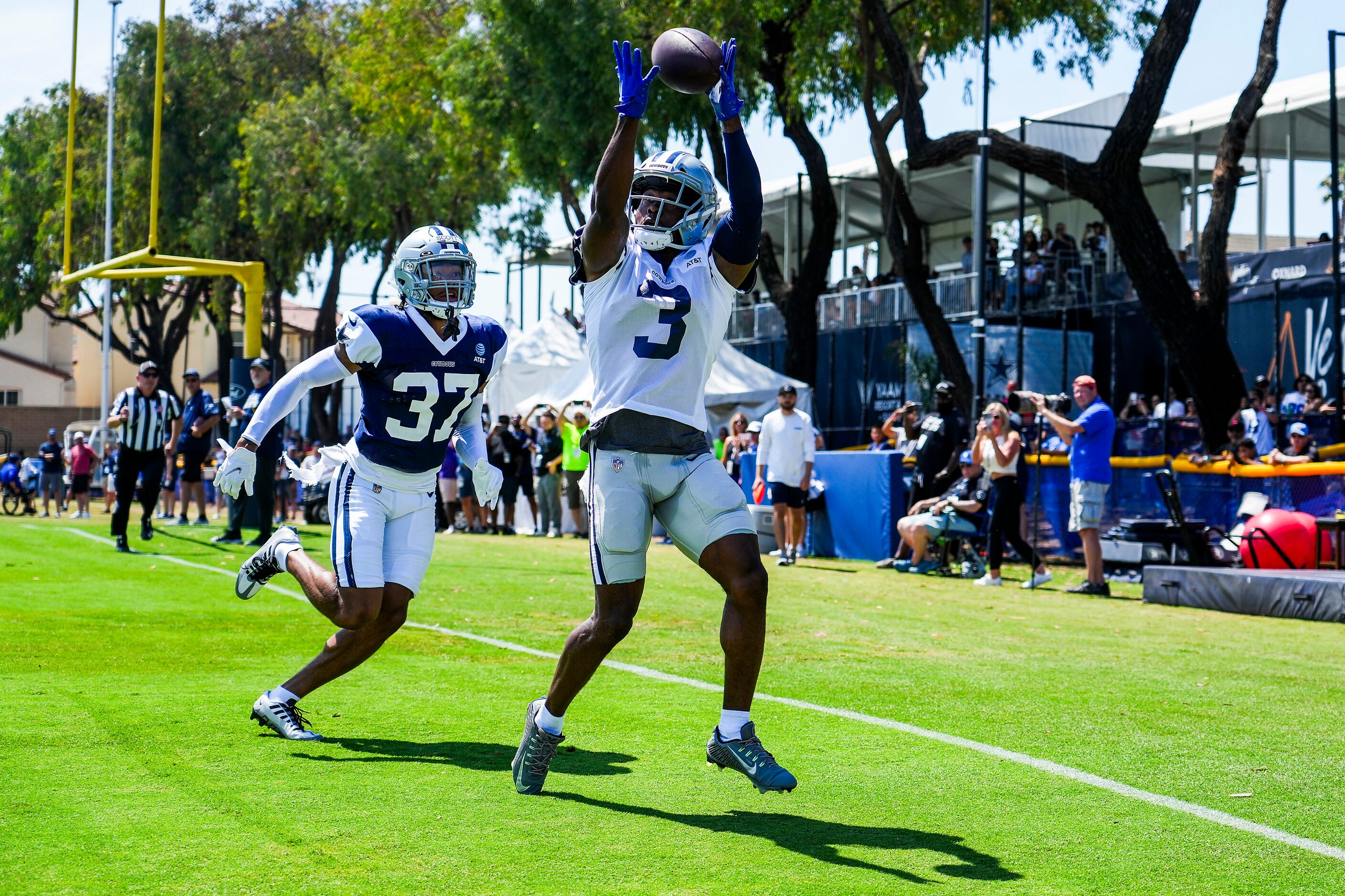 Dallas Cowboys wide receiver Brandin Cooks (3) makes a catch for a two-point conversion past...