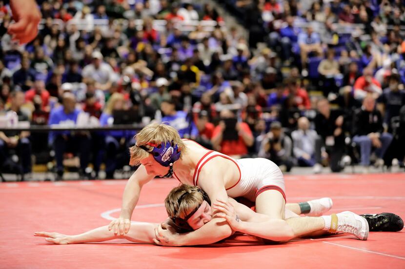 FILE - Allen's Braxton Brown wrestles during the UIL Texas state wrestling championships on...