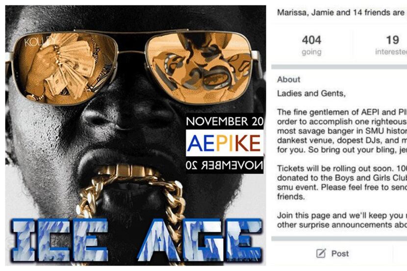  A photo and invitation on Facebook for an "Ice Age" party sponsored by two SMU...