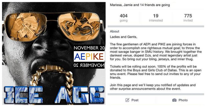  A photo and invitation on Facebook for an "Ice Age" party sponsored by two SMU...