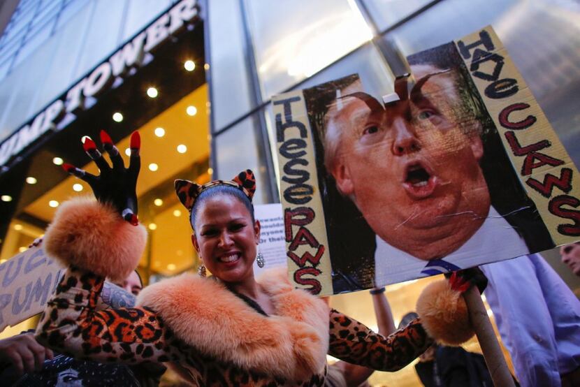 A woman dressed up as a feline takes part of a protest outside Trump Tower in New York to...