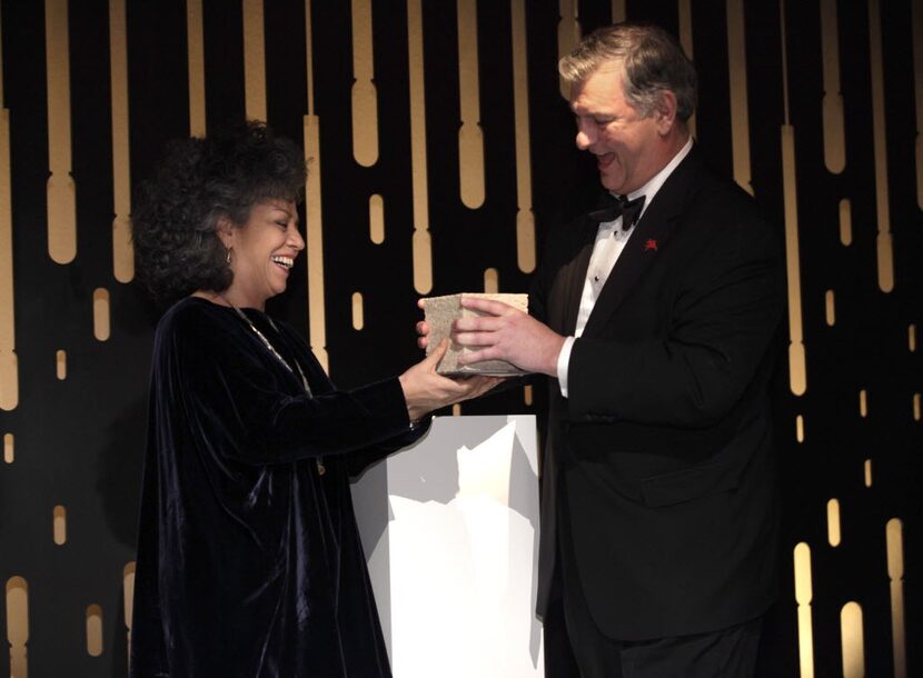 Doris Salcedo received an award from Mayor Mike Rawlings at the Nasher Sculpture Center in...