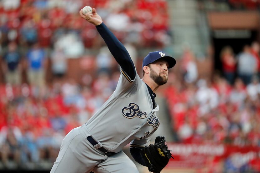 FILE - In this Sept. 14, 2019, file photo, Milwaukee Brewers starting pitcher Jordan Lyles...