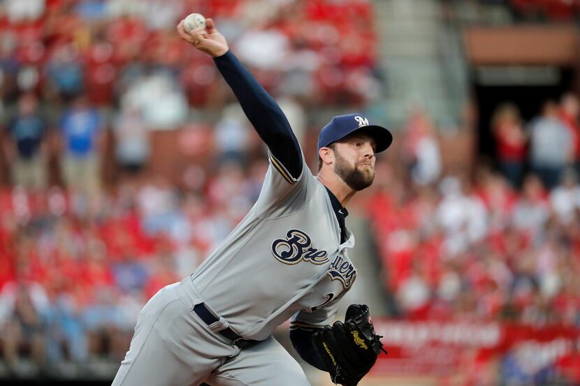 FILE - In this Sept. 14, 2019, file photo, Milwaukee Brewers starting pitcher Jordan Lyles...