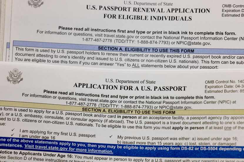 An application for a U.S. passport and a renewal application pictured at the University of...