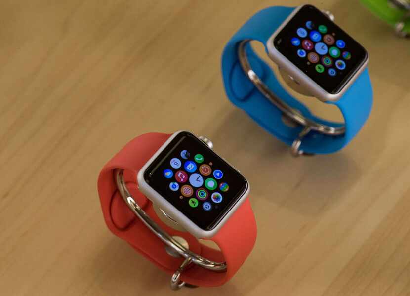 This April 10, 2015 file photo shows the Apple watch Sport displayed in Washington, DC.