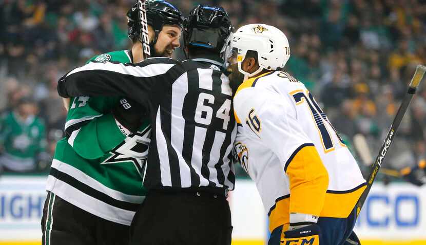 Dallas Stars left wing Jamie Benn (14) and Nashville Predators defenseman P.K. Subban (76)...