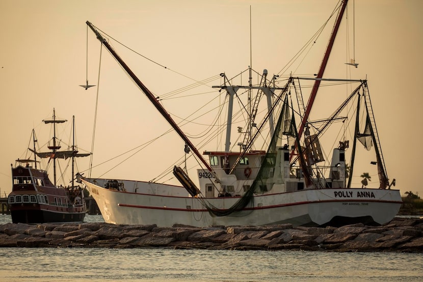 The Polly Anna shrimp boat follows the Red Dragon Pirate Cruise as both head out in late...