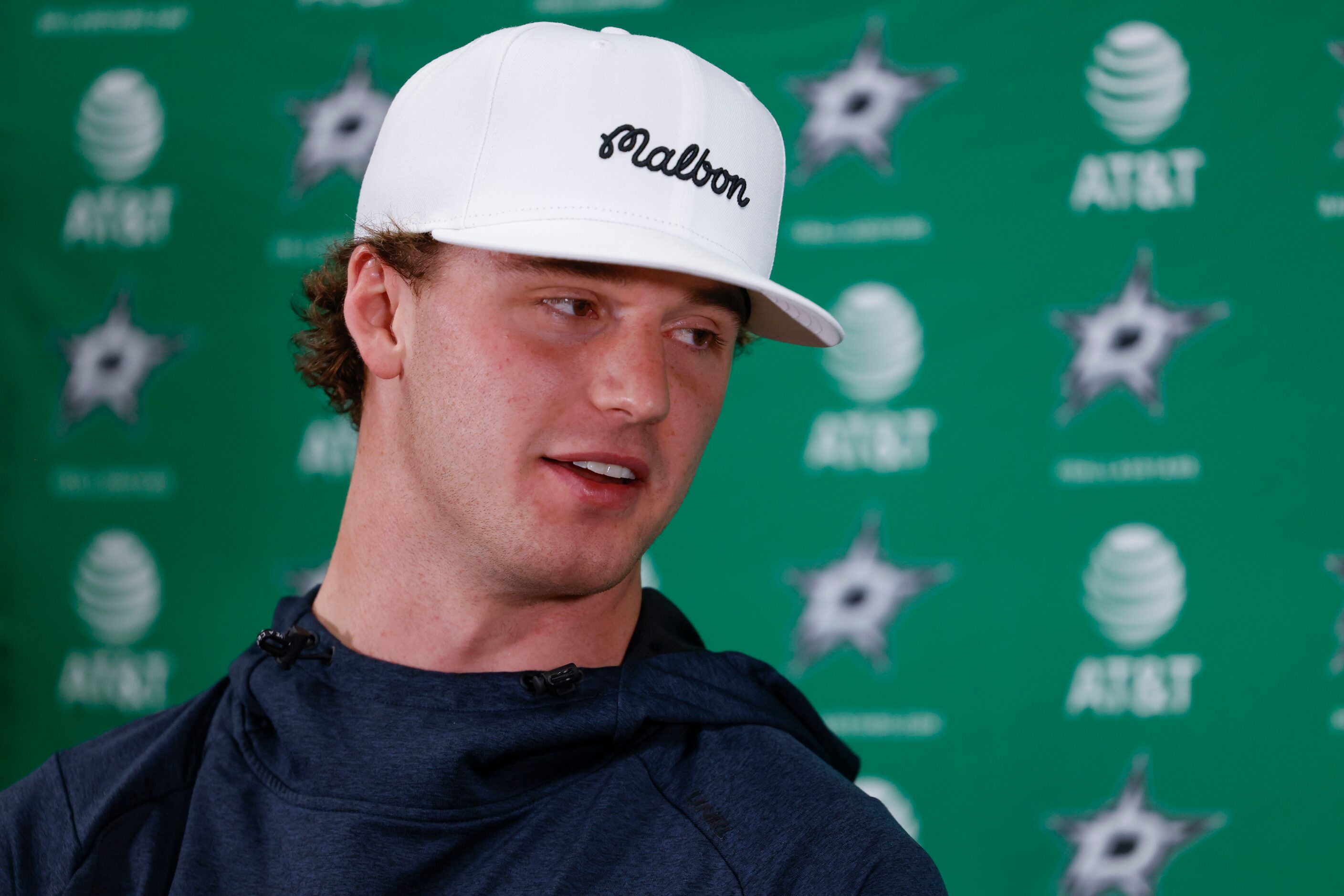 Dallas Stars goaltender Jake Oettinger speaks during Dallas Stars season wrap news...