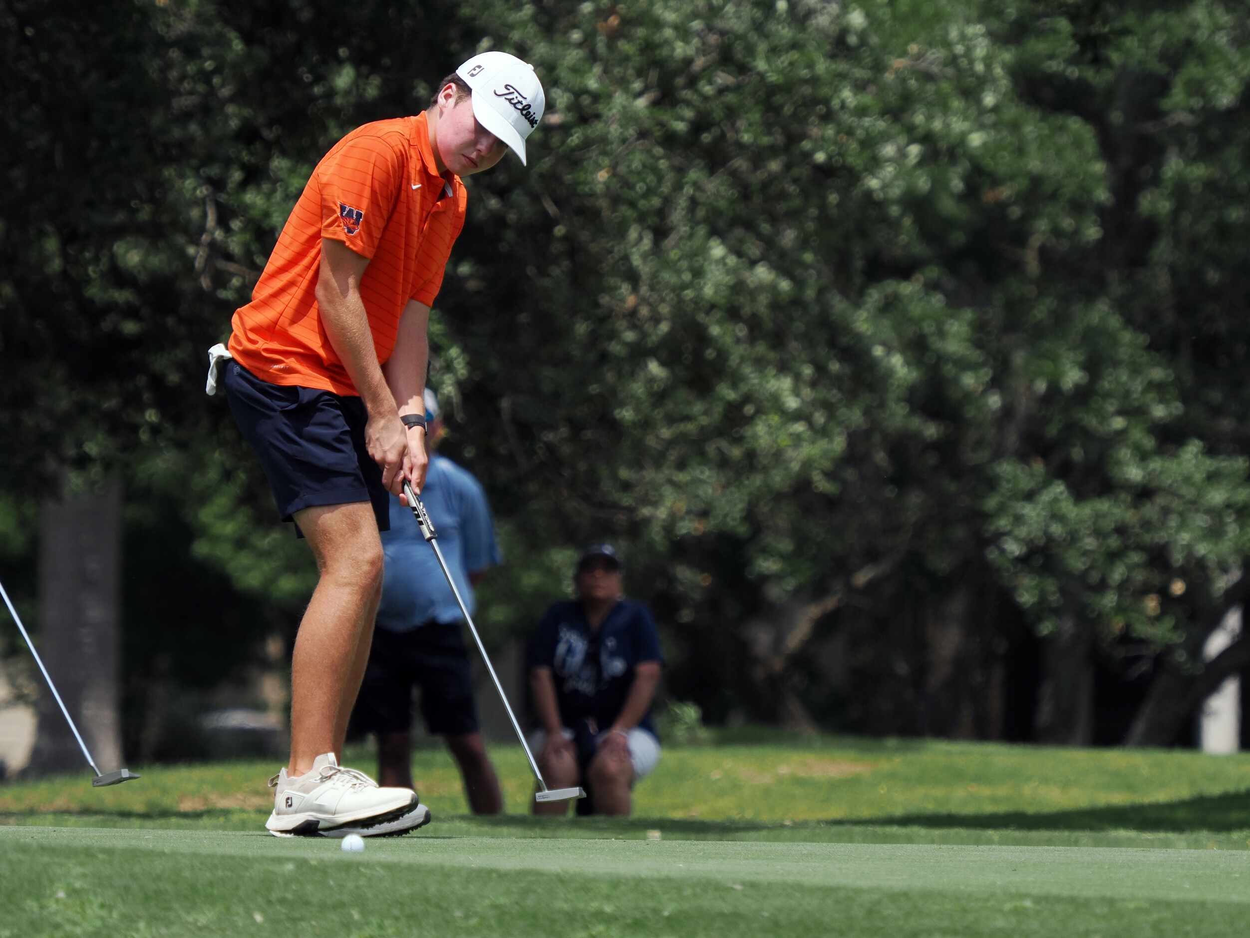 Frisco Wakeland's Luke Colton putts during round 2 of the UIL Boy’s High School State Golf...